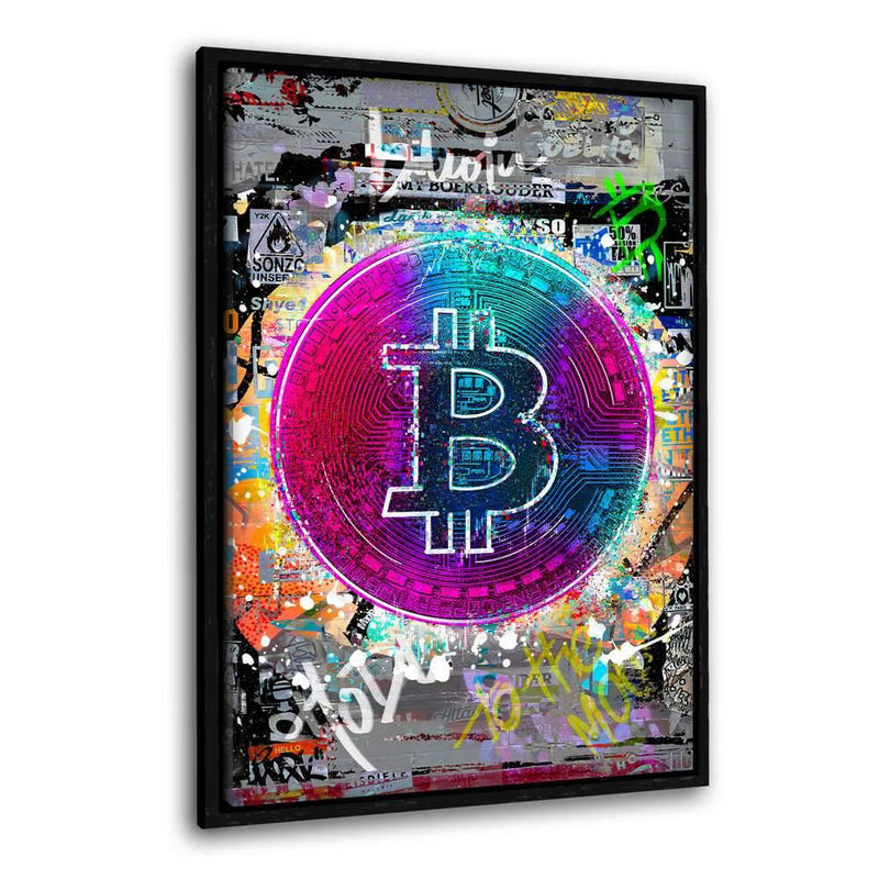 Colorful Bitcoin - Leinwandbild mit Rahmen "schwarz" - Hustling Sharks