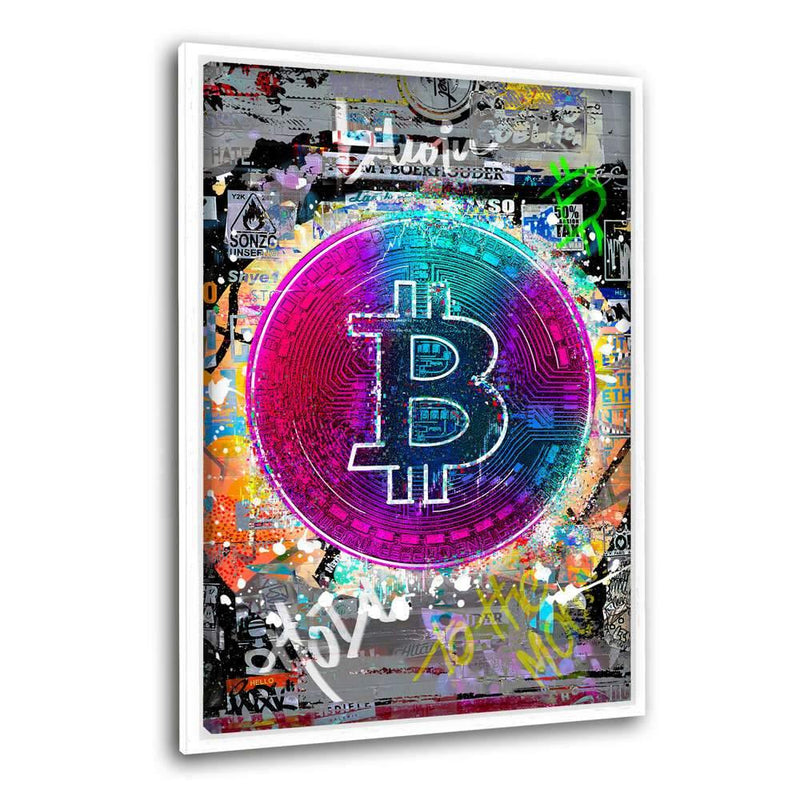 Colorful Bitcoin - Leinwandbild mit Rahmen "weiß" - Hustling Sharks