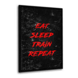 Leinwandbild mit Schattenfuge "schwarz" - EAT, SLEEP, TRAIN, REPEAT - rot - Hustling Sharks