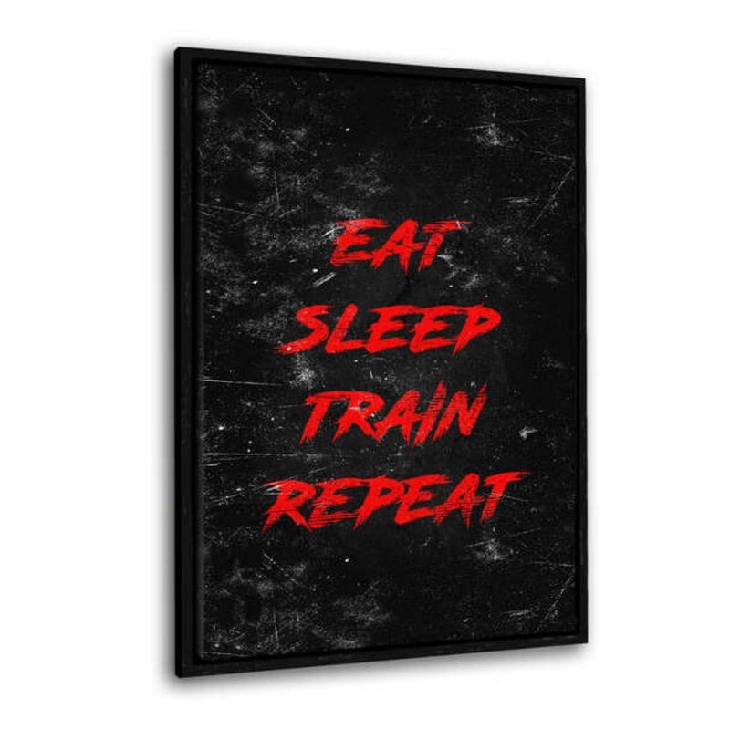 Leinwandbild mit Schattenfuge "schwarz" - EAT, SLEEP, TRAIN, REPEAT - rot - Hustling Sharks