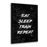 Leinwandbild mit Schattenfuge "schwarz" - EAT, SLEEP, TRAIN, REPEAT - weiß - Hustling Sharks