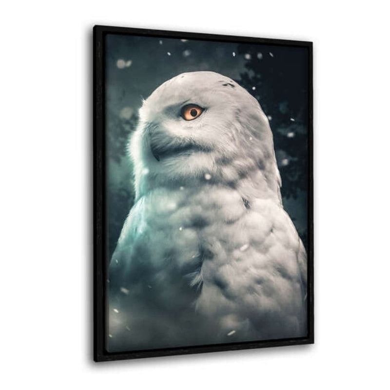 Leinwandbild mit Schattenfuge "schwarz" - Snowy Owl - Hustling Sharks