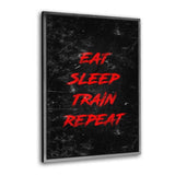 Leinwandbild mit Schattenfuge "silber" - EAT, SLEEP, TRAIN, REPEAT - rot - Hustling Sharks