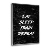 Leinwandbild mit Schattenfuge "silber" - EAT, SLEEP, TRAIN, REPEAT - weiß - Hustling Sharks