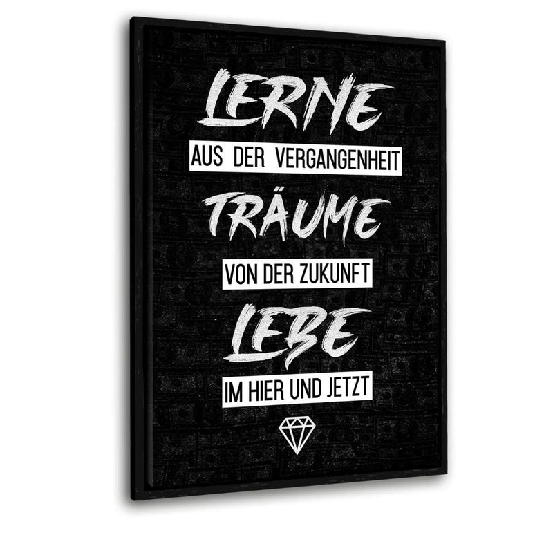 LERNE, TRÄUME UND LEBE! - Leinwandbild mit Schattenfuge "schwarz" - Hustling Sharks