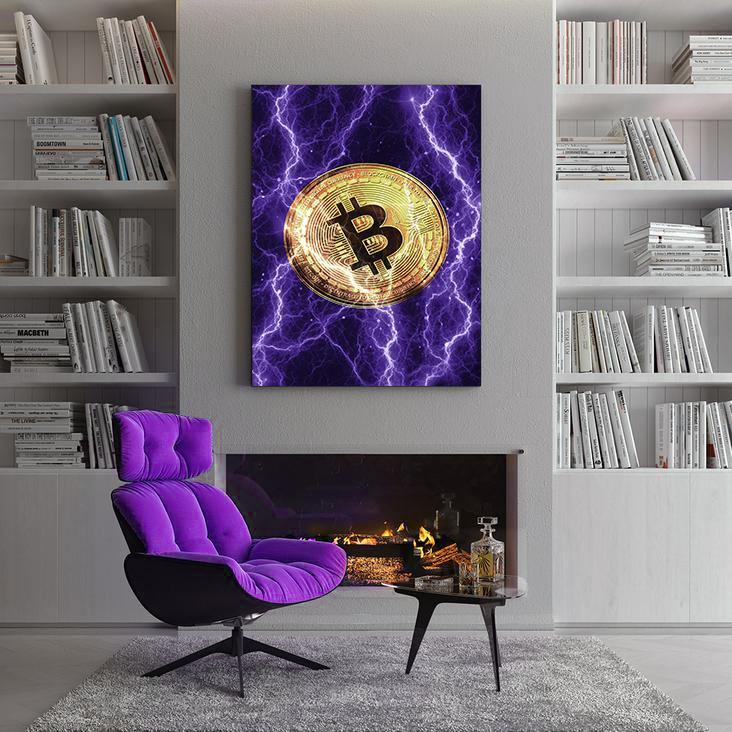 Electrified Bitcoin - purple - Wandbild mit Hintergrund 2 - Hustling Sharks