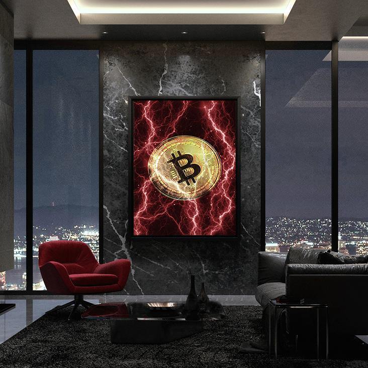 Electrified Bitcoin - red - Wandbild mit Hintergrund 1 - Hustling Sharks