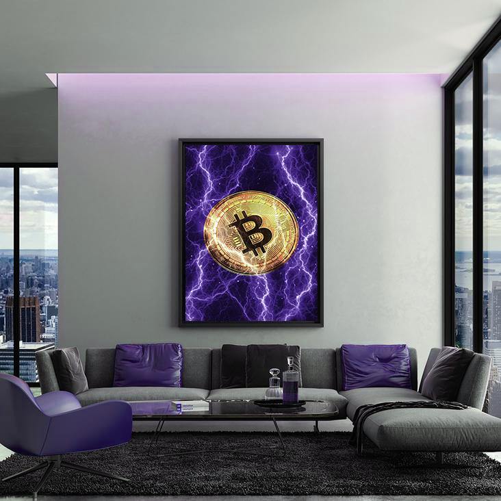 Electrified Bitcoin - purple - Wandbild mit Hintergrund 1 - Hustling Sharks