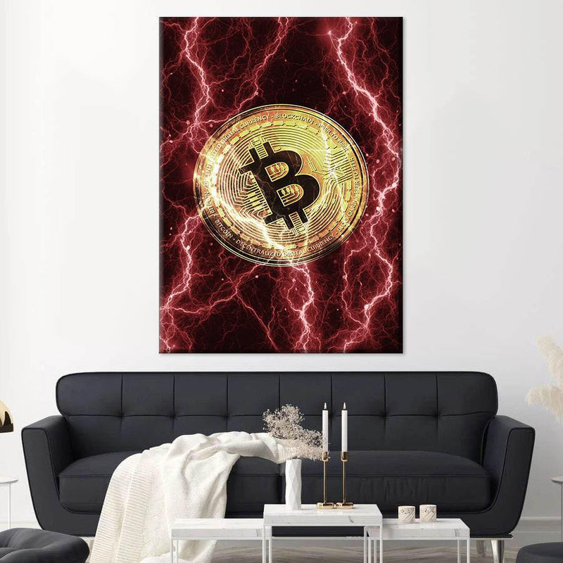 Electrified Bitcoin - red - Wandbild mit Hintergrund 4 - Hustling Sharks